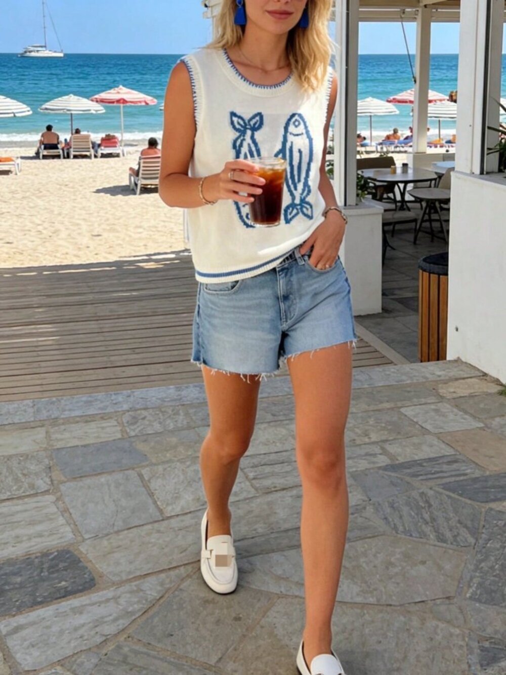 White Casual Women's Fish Pattern Contrast Trim Sleeveless Knit Tank Top